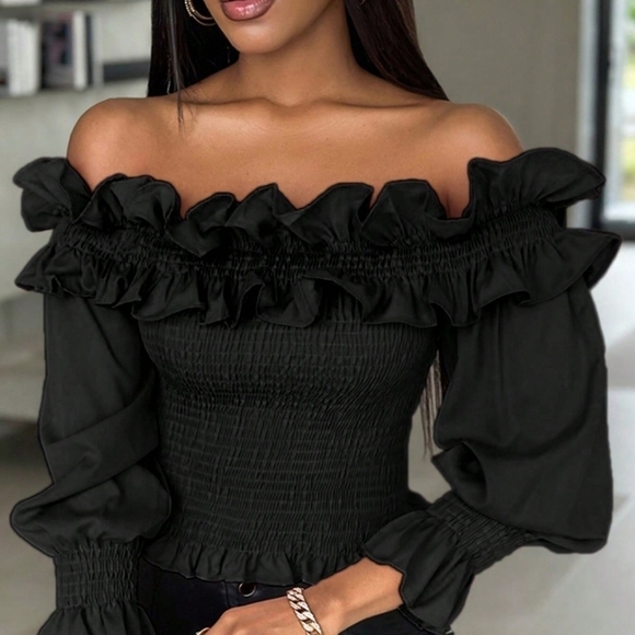 Women's Summer Casual One Shoulder Crop Tops With Ruffles And Decorated Edge - Picture 2 of 4